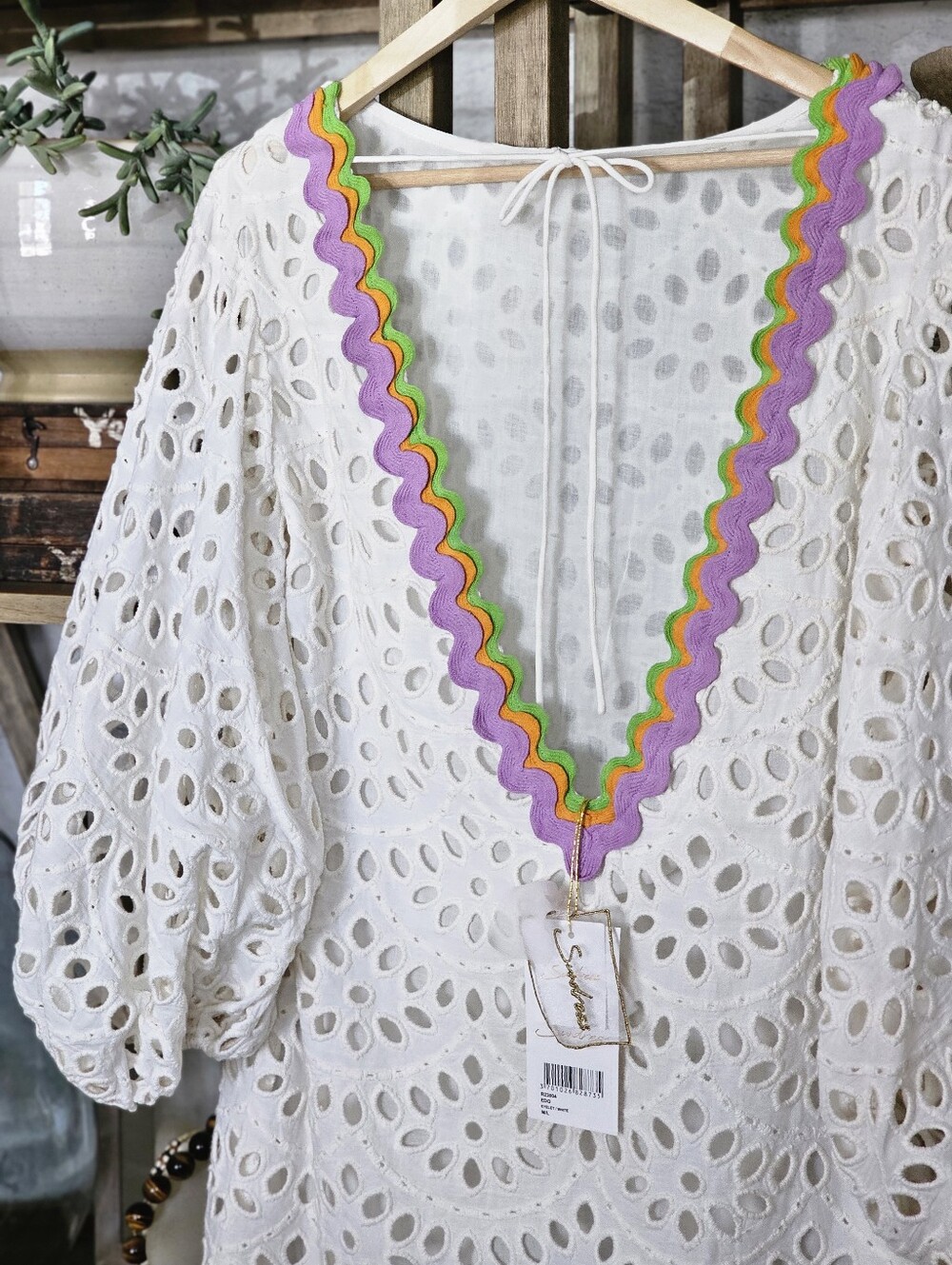 Sundress Edo Cotton Eyelet Babydoll Mini Dress V Plunging Neckline Ric Rac Trim - Picture 5 of 16